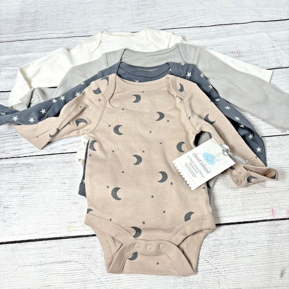 Cloud Island Bodysuits 4 Pack Sz 0-3 Months Long Sleeve Newborn Moons Stars NEW